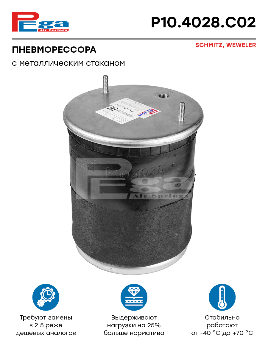 Пневморессора P10.4028.С02 (2шп.М12+1отв/возд м22) в сборе мет.стакан 4отв.M12 (PEGA)